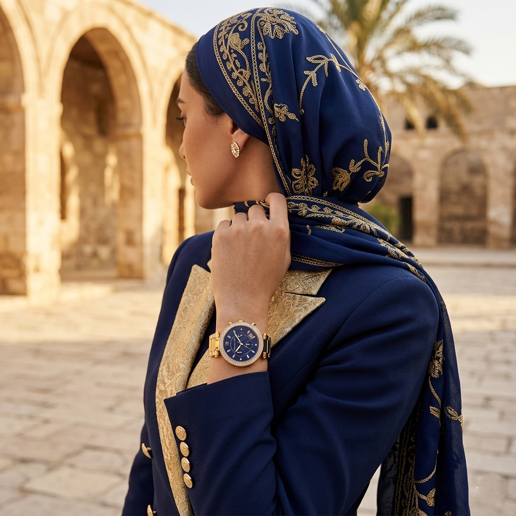 Elegant woman wearing Michael Kors Parker MK6238 women's quartz battery watch with gold-tone case and unique navy blue accents