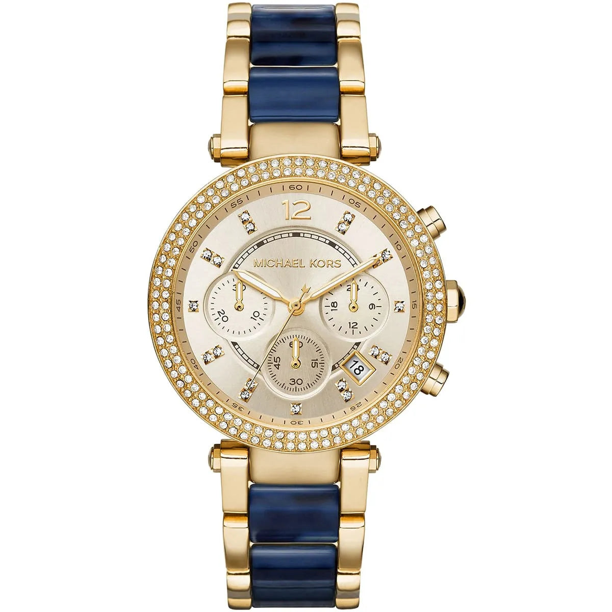 Michael Kors Parker MK6238 women's quartz battery watch with champagne dial, navy blue acetate and gold bracelet, double crystal bezel main view