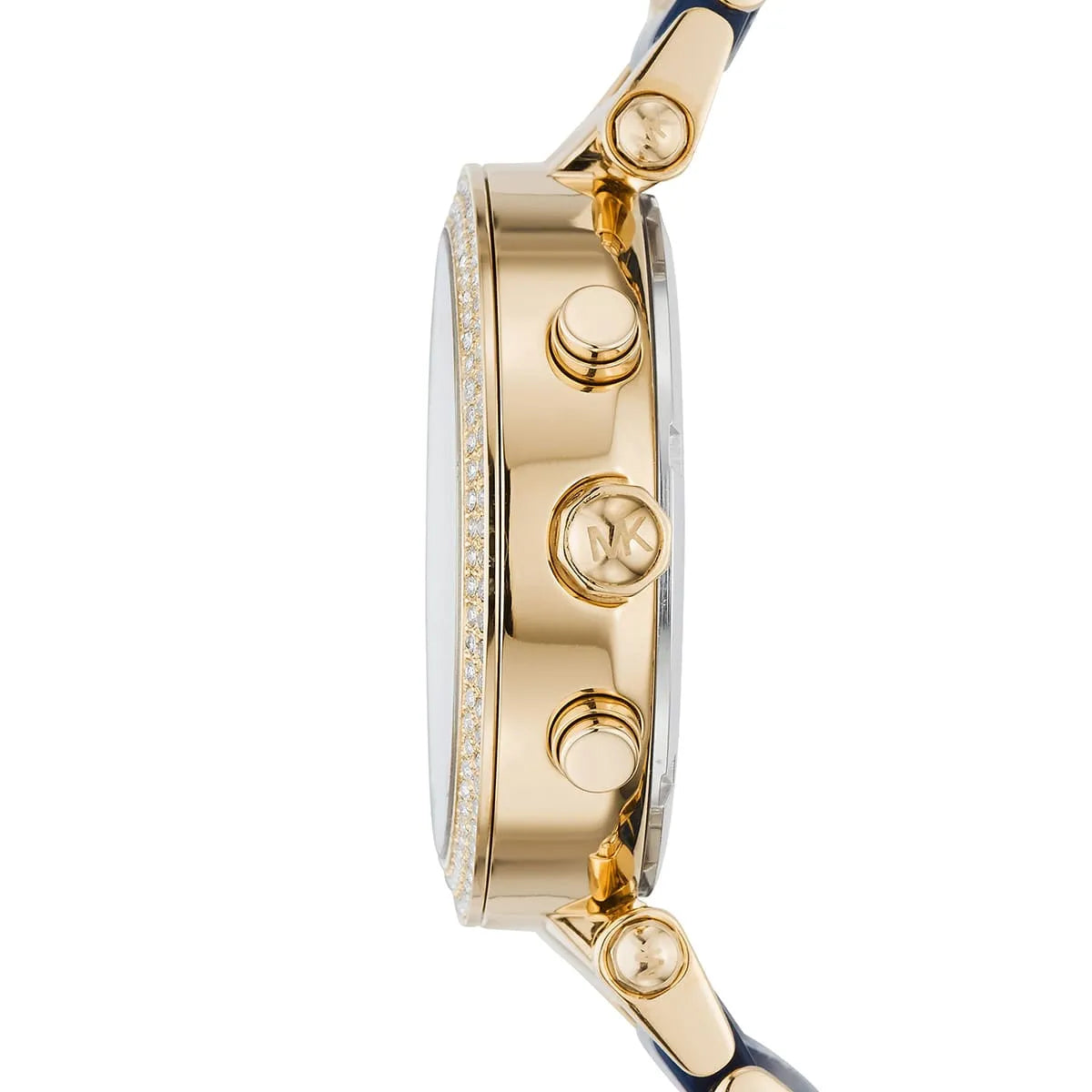 Side profile of Michael Kors Parker MK6238 women's quartz battery watch showing 11mm thickness and gold finish