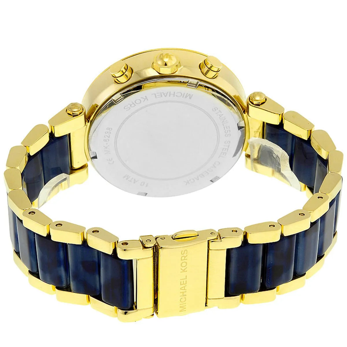 Caseback of Michael Kors Parker MK6238 women's quartz battery watch showing technical specs champagne dial and metal bracelet