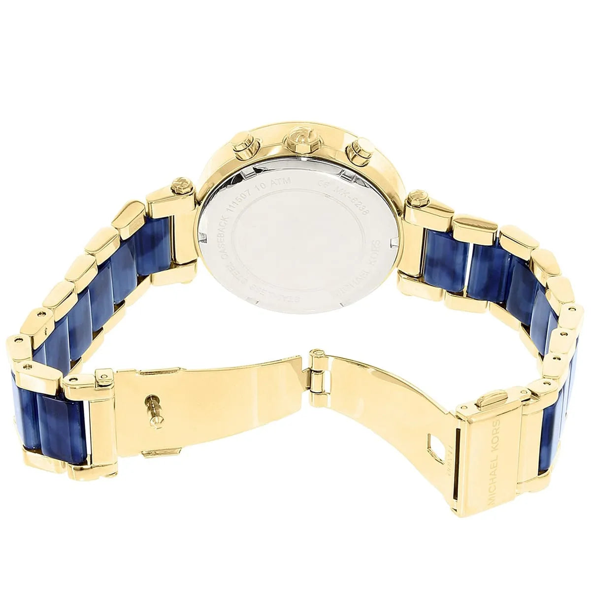 Gold-tone deployment clasp on Michael Kors Parker MK6238 women's quartz battery metal and acetate bracelet watch