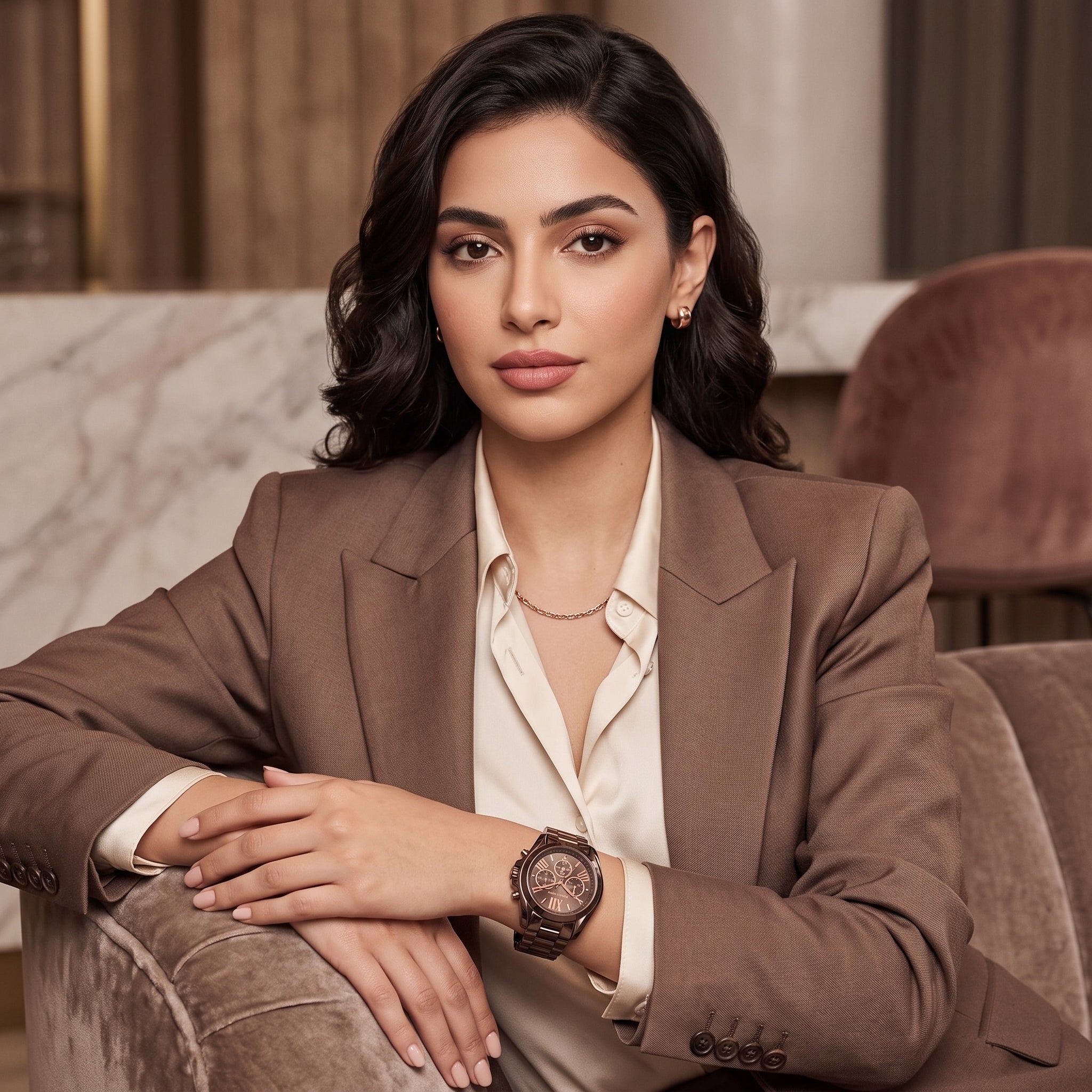 A woman in a brown blazer and cream shirt sits on a velvet chair, wearing a dark brown wooden watch with a round dial.