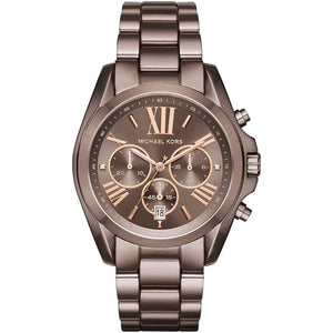 Michael Kors analog watch with a rose gold-toned metal link bracelet, a matching rose gold chronograph dial with Roman numerals, and a dark gray bezel, shown on a white background.