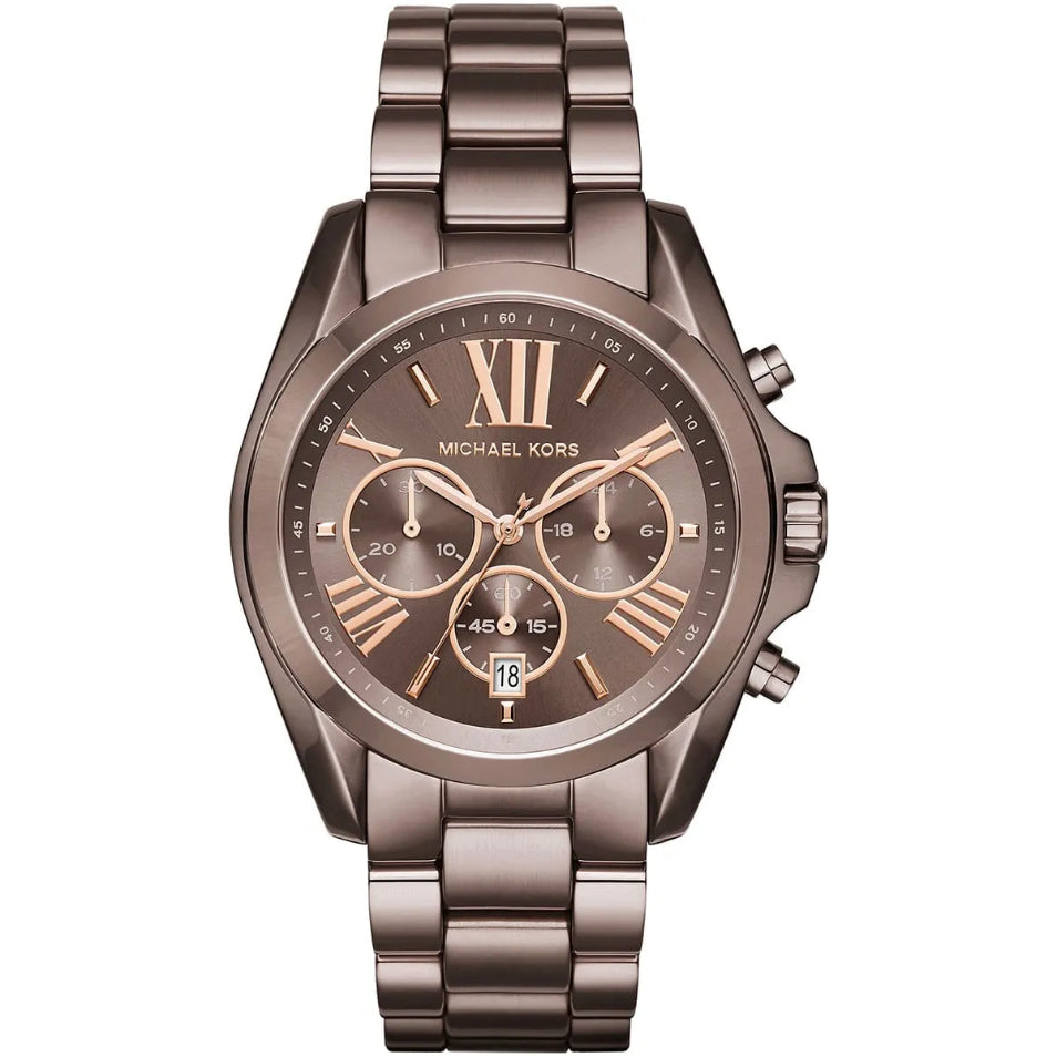 Michael Kors analog watch with a rose gold-toned metal link bracelet, a matching rose gold chronograph dial with Roman numerals, and a dark gray bezel, shown on a white background.