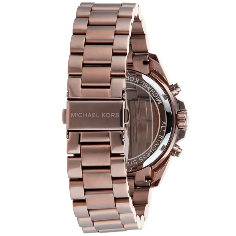 Rose gold watch with Michael Kors branding on a white background