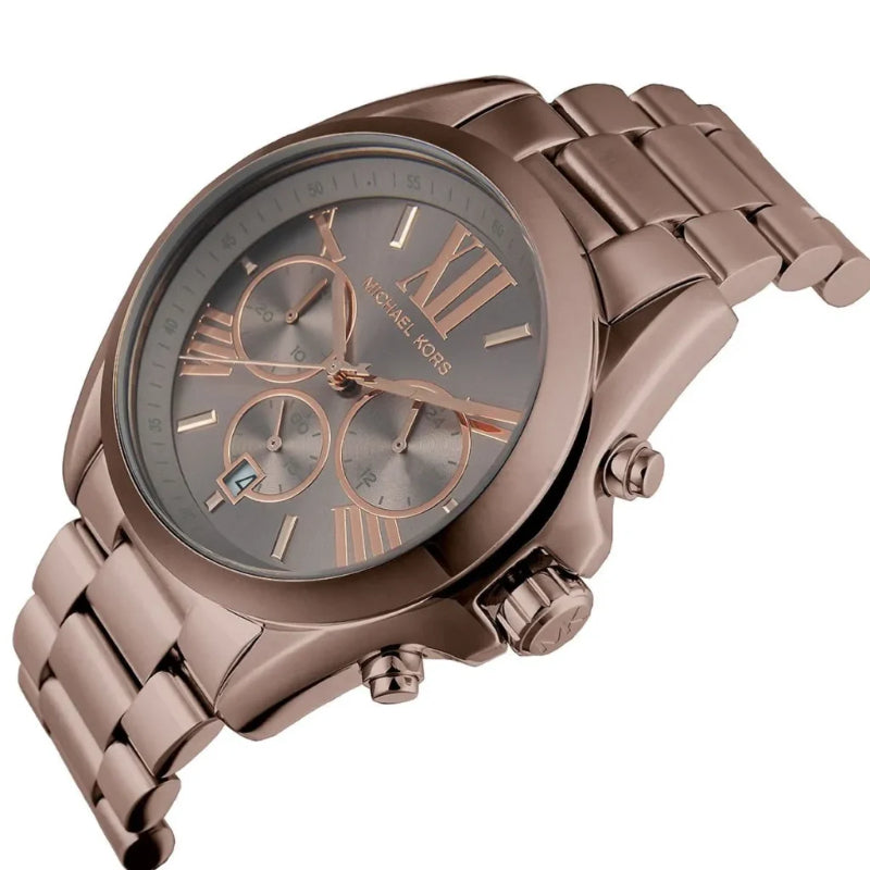 Rose gold watch with detailed face on a white background