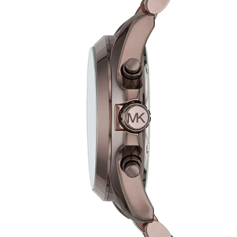Close-up of a Michael Kors watch with rose gold accents on a white background