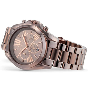 Rose gold watch with metal band on a white background