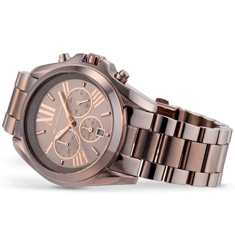 Rose gold watch with metal band on a white background