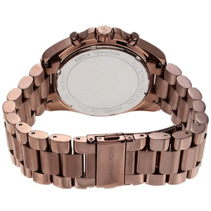 Rose gold watch with metal band on a white background