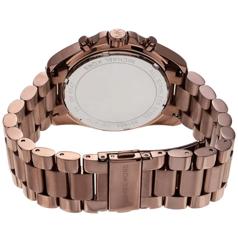 Rose gold watch with metal band on a white background