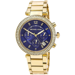 Right angled view of Michael Kors Parker MK6262 women's quartz battery watch highlighting gold finish and double crystal bezel details