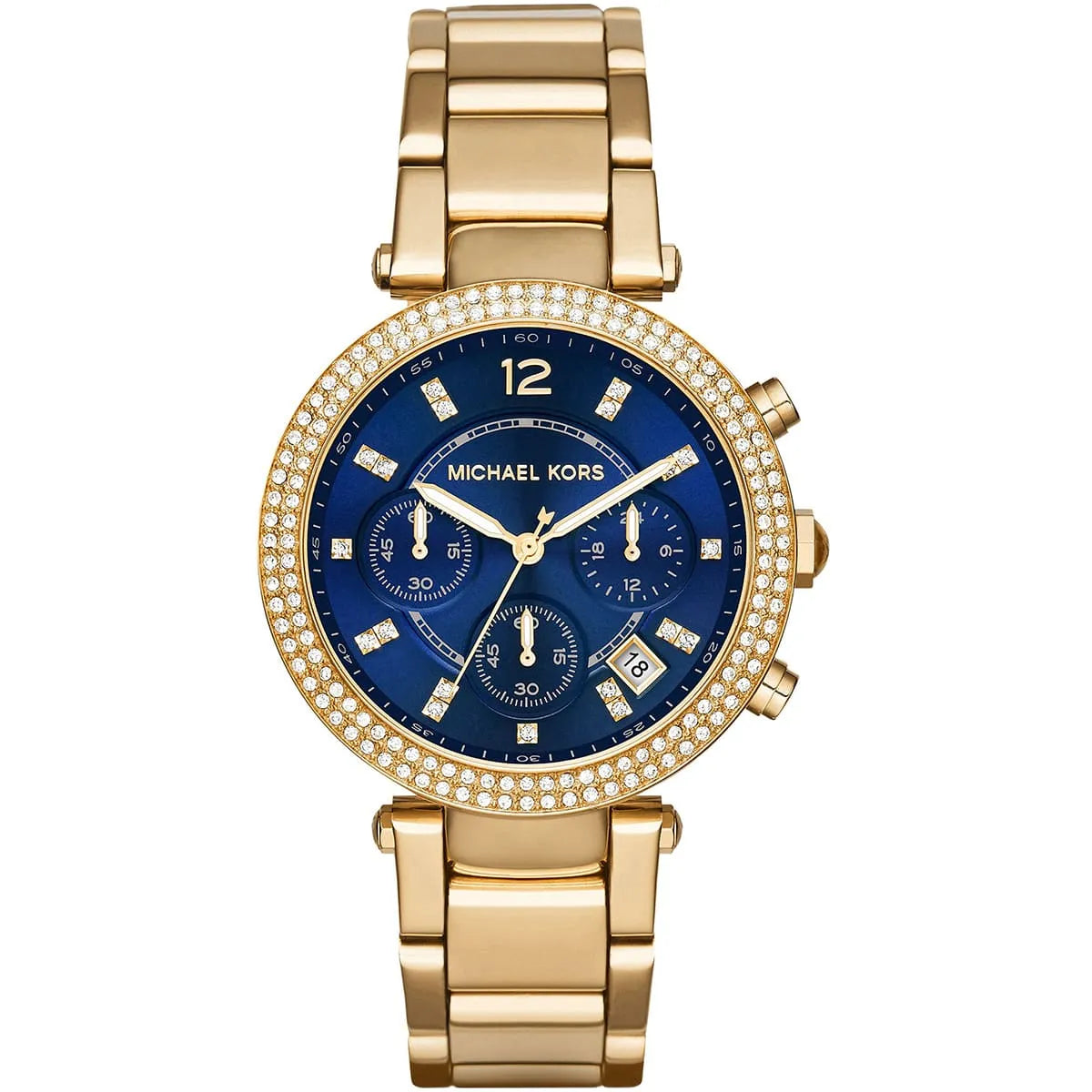 Michael Kors Parker MK6262 women's quartz battery watch with navy blue dial, gold-tone case, gold stainless steel bracelet main view