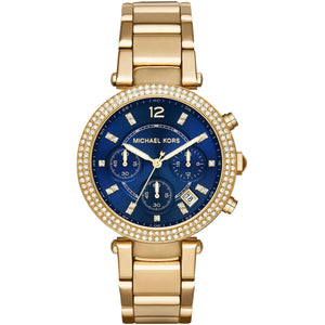 Michael Kors Parker MK6262 women's quartz battery watch with navy blue dial, gold-tone case, gold stainless steel bracelet main view