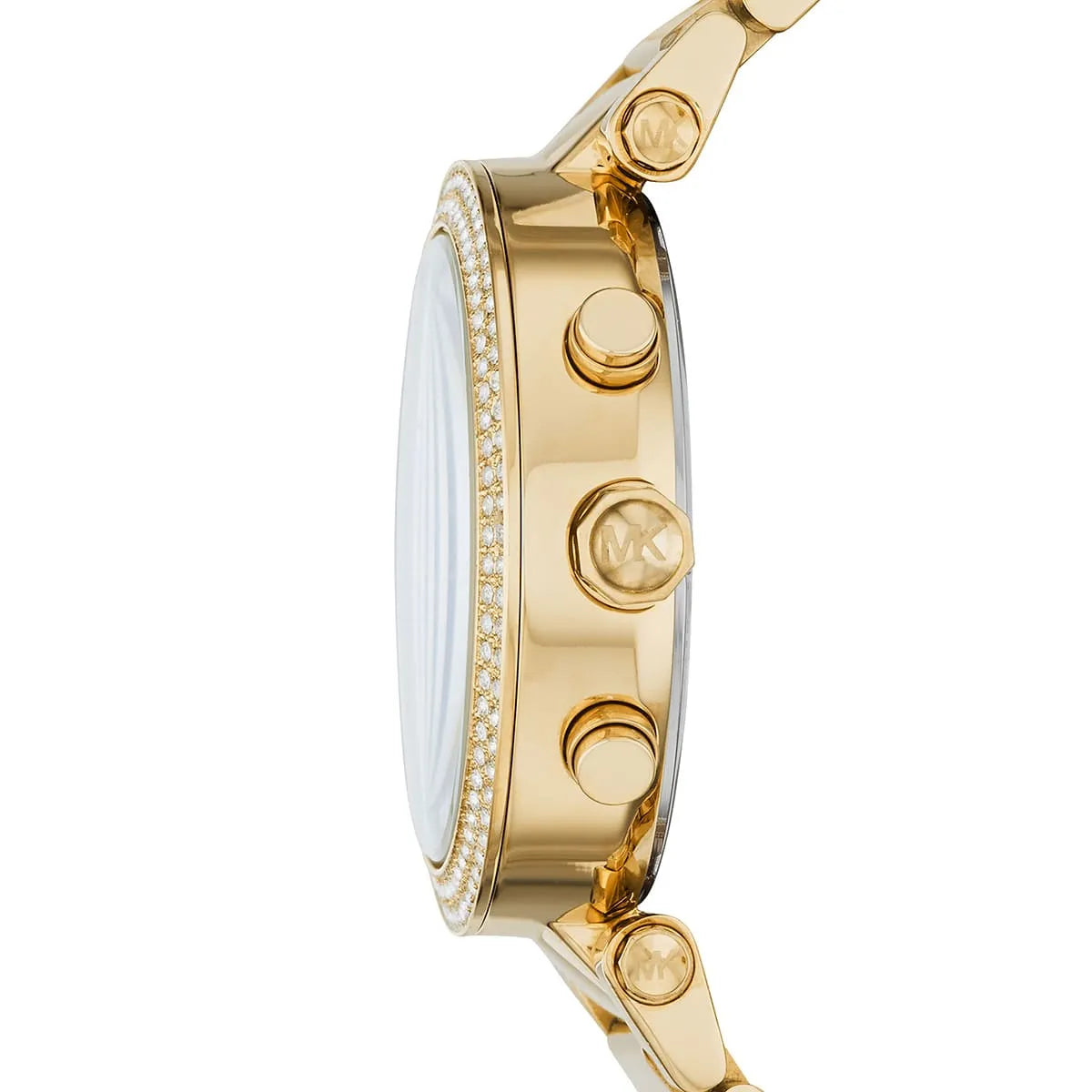Side profile of Michael Kors Parker MK6262 women's quartz battery watch showing 11mm thickness and gold finish