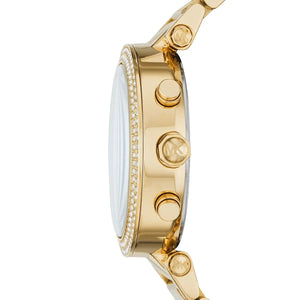 Side profile of Michael Kors Parker MK6262 women's quartz battery watch showing 11mm thickness and gold finish