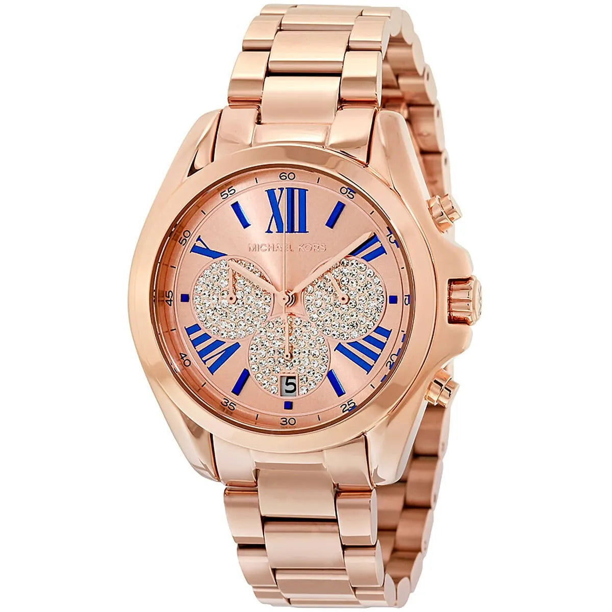 Right angled view of Michael Kors Bradshaw MK6321 women's quartz battery watch highlighting rose gold finish and pavé sub-dial details