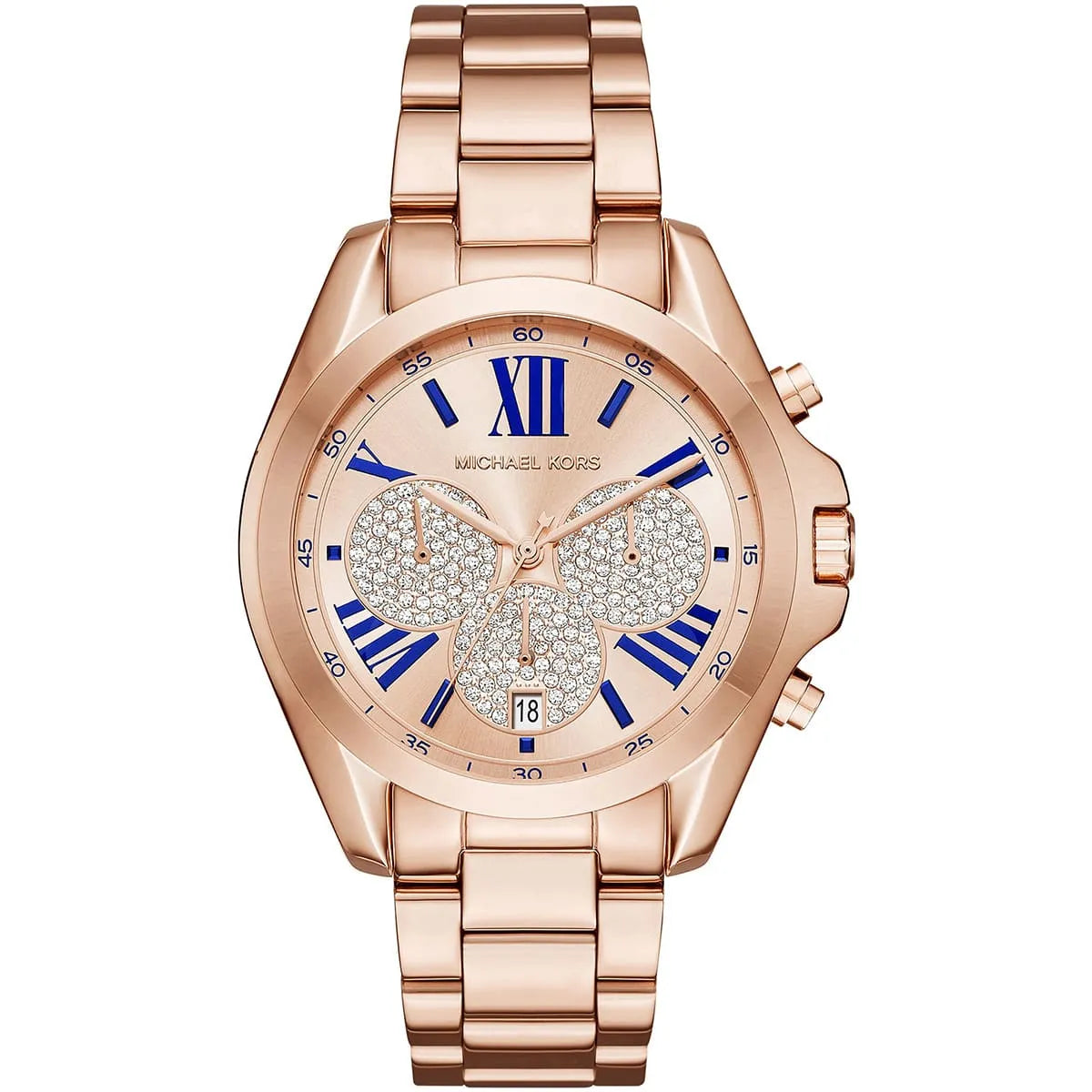 Michael Kors Bradshaw MK6321 women's quartz battery watch with rose gold pavé crystal dial, navy blue Roman numerals, rose gold stainless steel bracelet main view