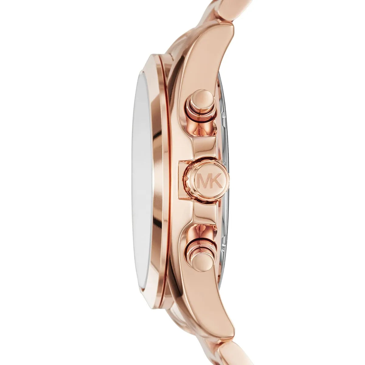 Side profile of Michael Kors Bradshaw MK6321 women's quartz battery watch showing 12mm thickness and rose gold finish