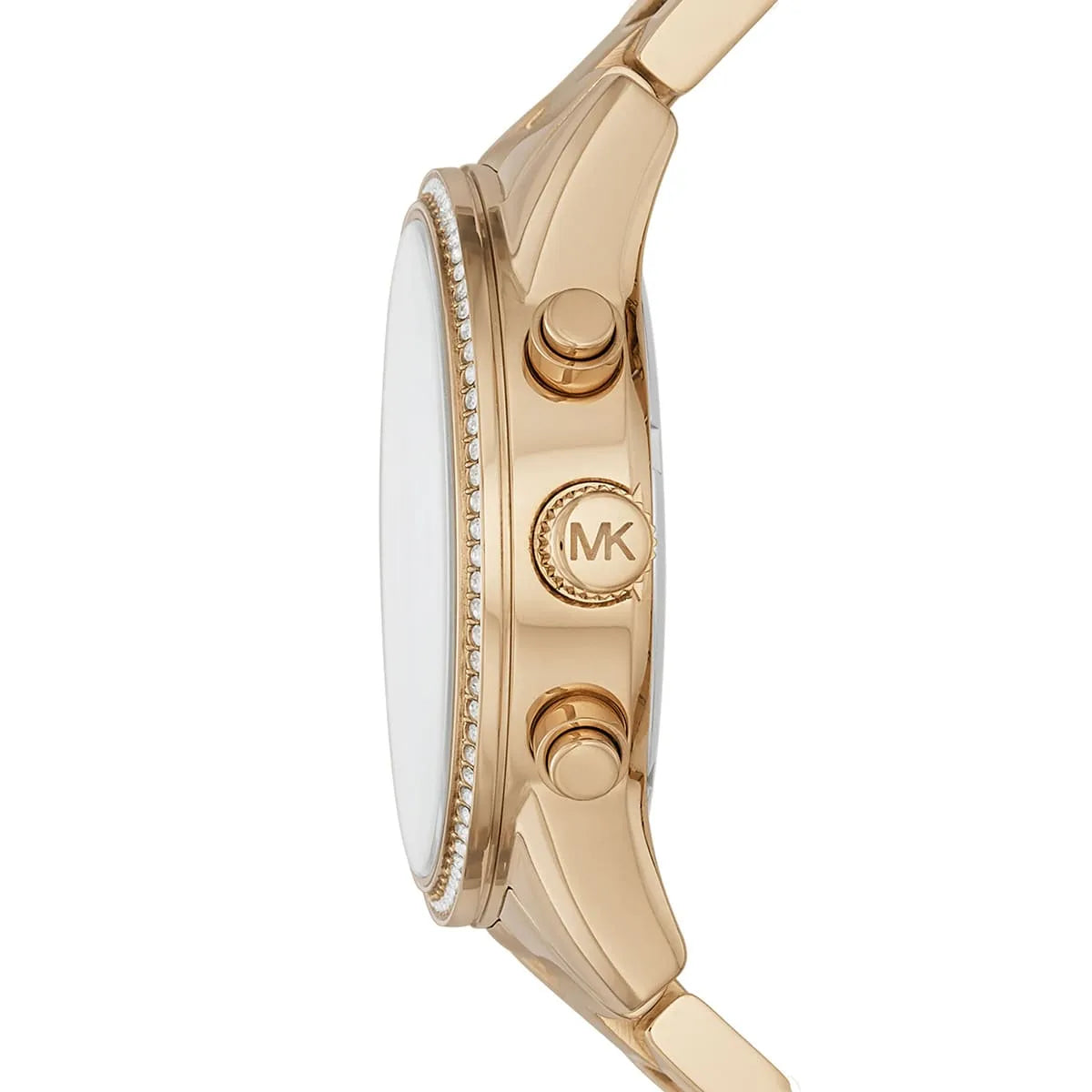 Right side profile view of the 11mm gold-tone case and crown on the Michael Kors Ritz watch