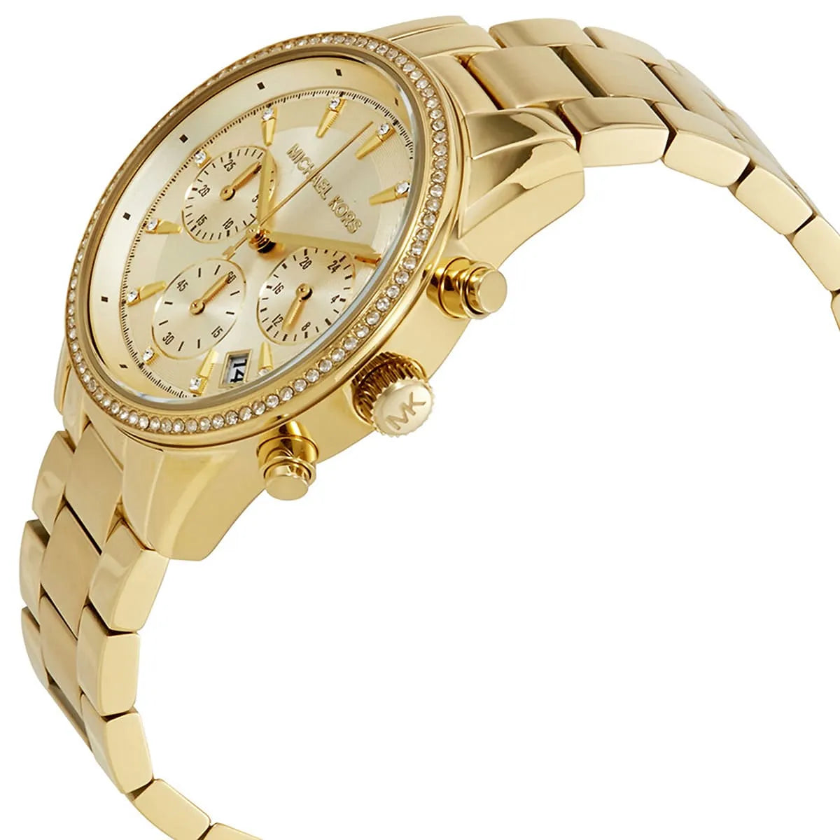 Angled front view of Michael Kors MK6356 showing the brilliant crystal-set bezel shine