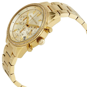 Angled front view of Michael Kors MK6356 showing the brilliant crystal-set bezel shine