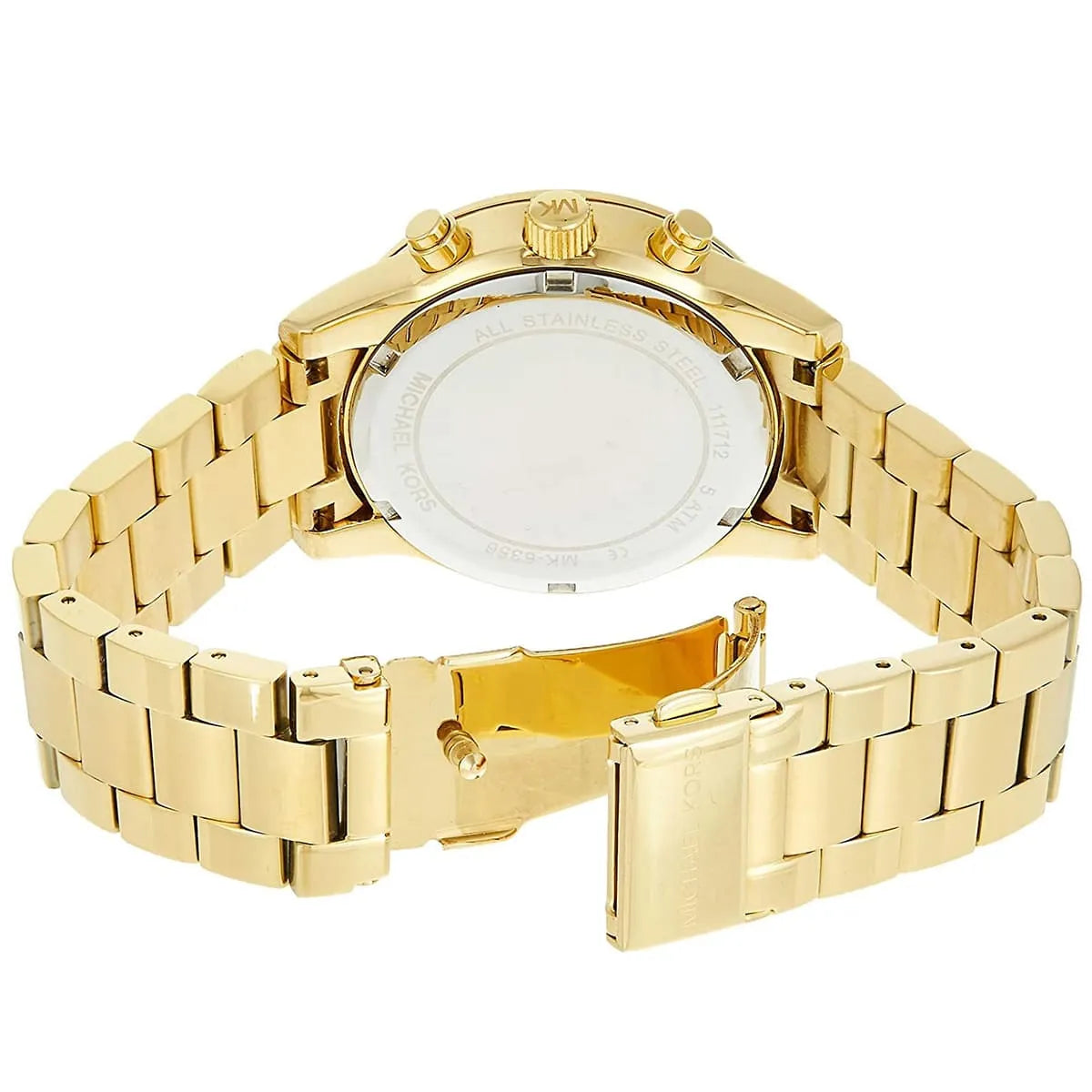 Inside view of the secure folding clasp on the Michael Kors women's metal watch
