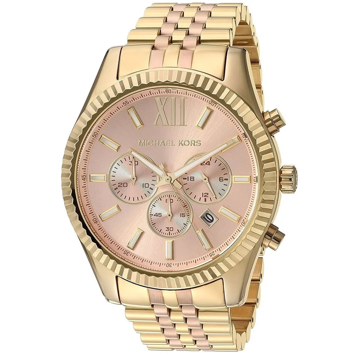 Right angled view of Michael Kors Lexington MK6473 women's quartz battery watch highlighting fluted bezel and rose gold dial details