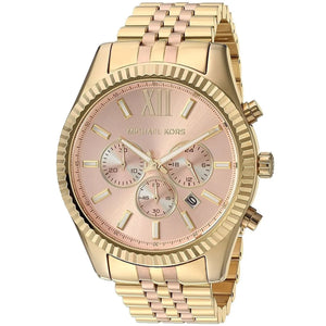 Right angled view of Michael Kors Lexington MK6473 women's quartz battery watch highlighting fluted bezel and rose gold dial details