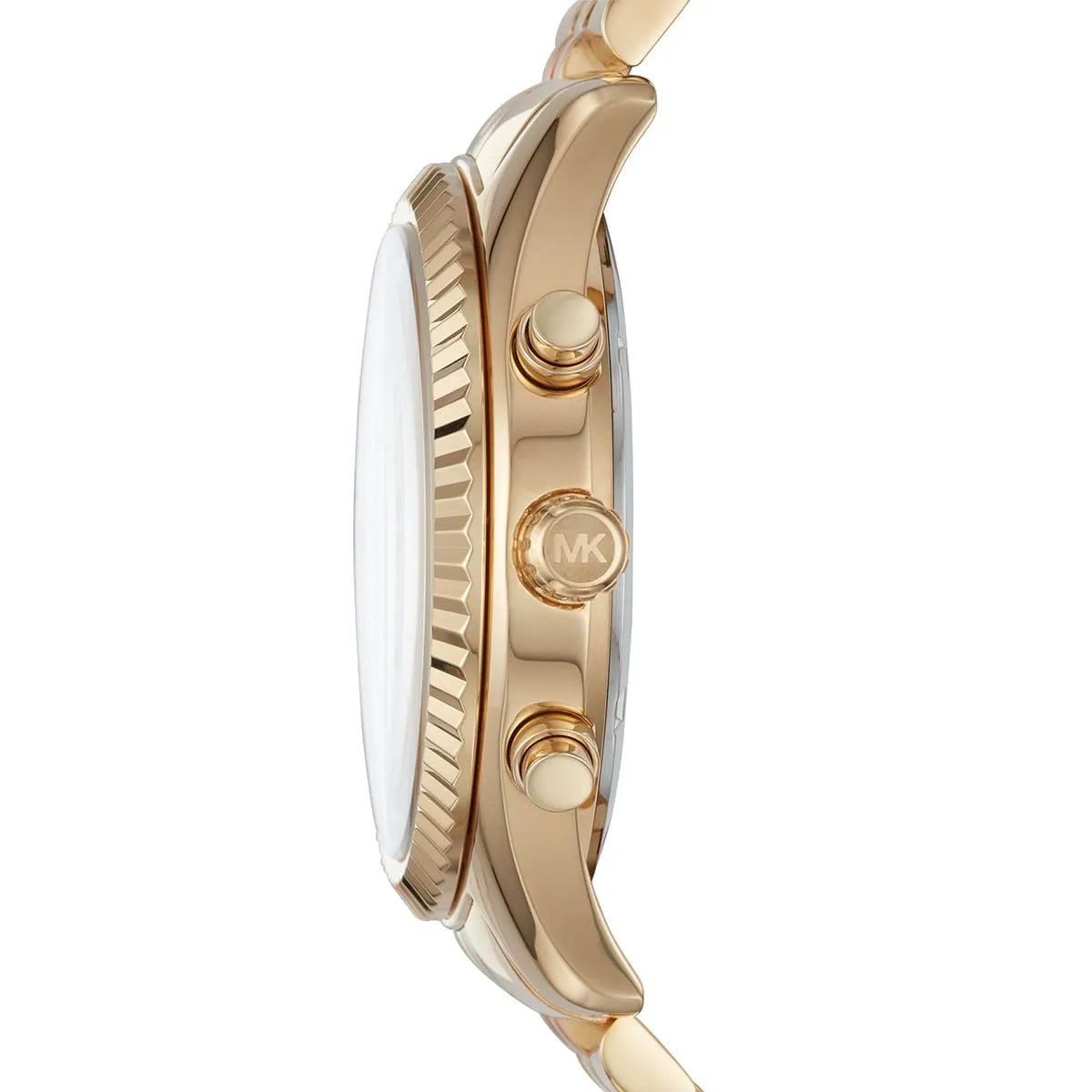 Side profile of Michael Kors Lexington MK6473 women's quartz battery watch showing 11mm thickness and gold finish