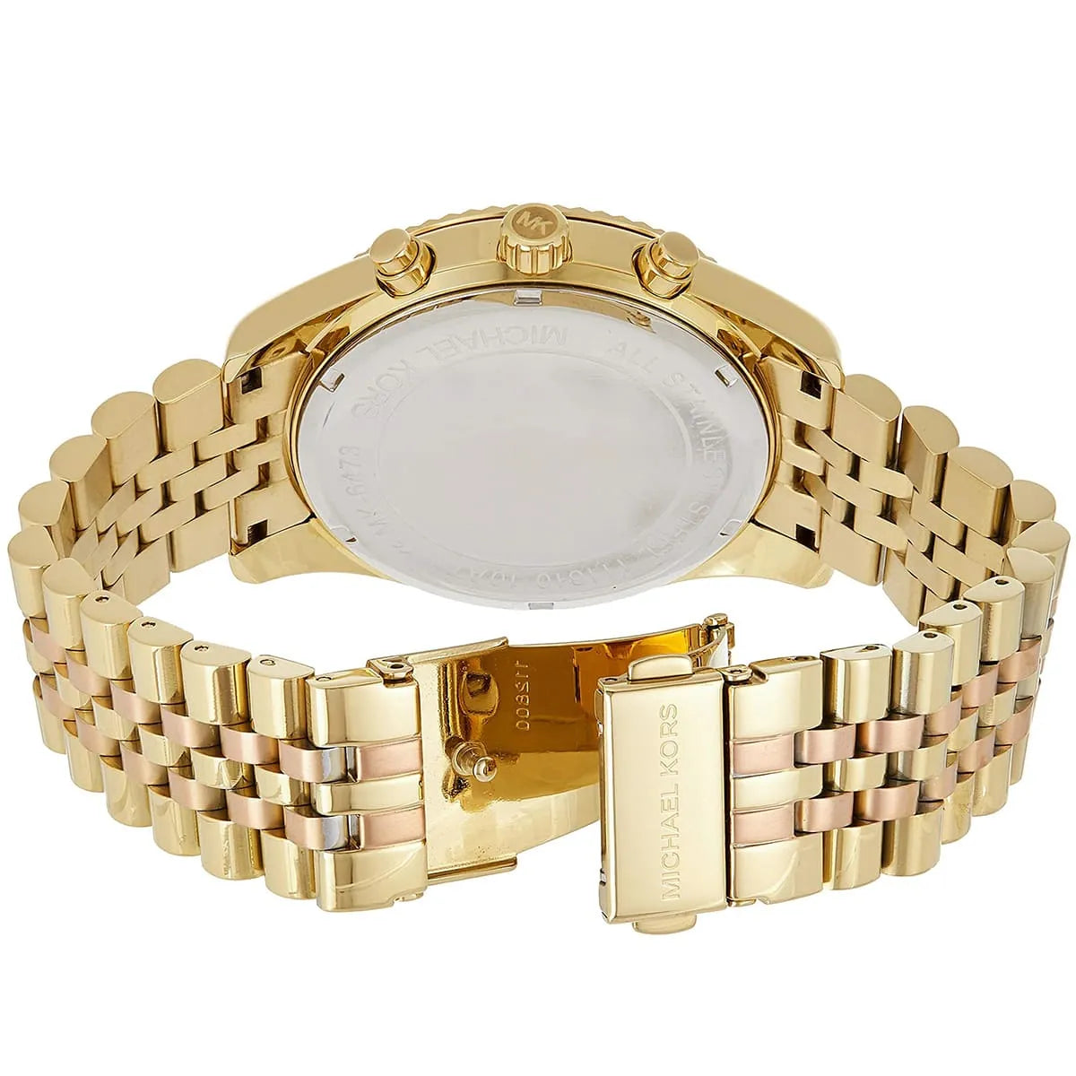 Two-tone gold and rose gold deployment clasp on Michael Kors Lexington MK6473 women's quartz battery metal bracelet watch