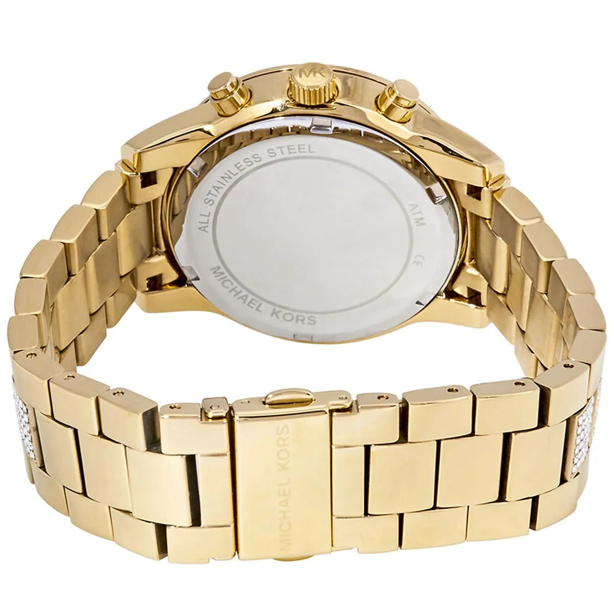 Back view photo of Michael Kors MK6484 showing the stainless steel caseback info