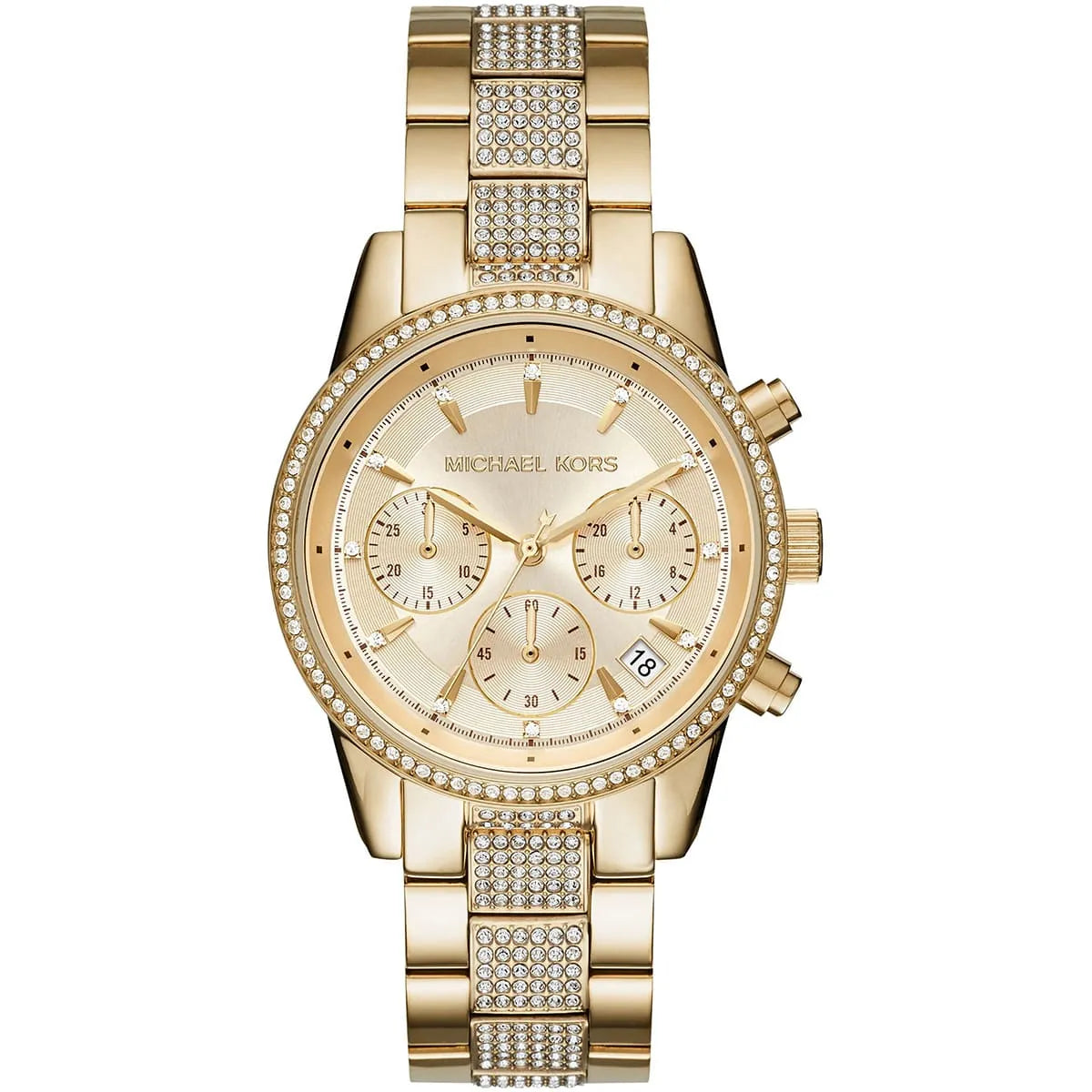 Authentic real-life photo of Michael Kors MK6484 showing actual gold finish and pave crystal bracelet