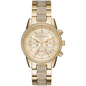 Authentic real-life photo of Michael Kors MK6484 showing actual gold finish and pave crystal bracelet