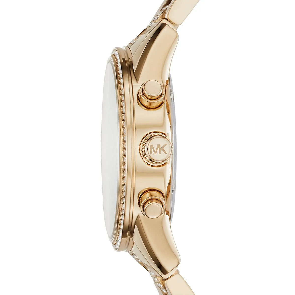 Side view photo of Michael Kors MK6484 showing case thickness and gold crown detail