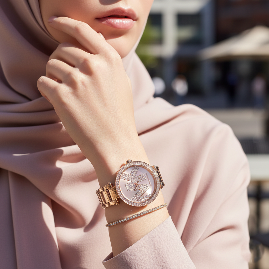 ساعة مايكل كورس MK6660 باركر روز جولد فخمة على معصم محجبة بتصميم راقي