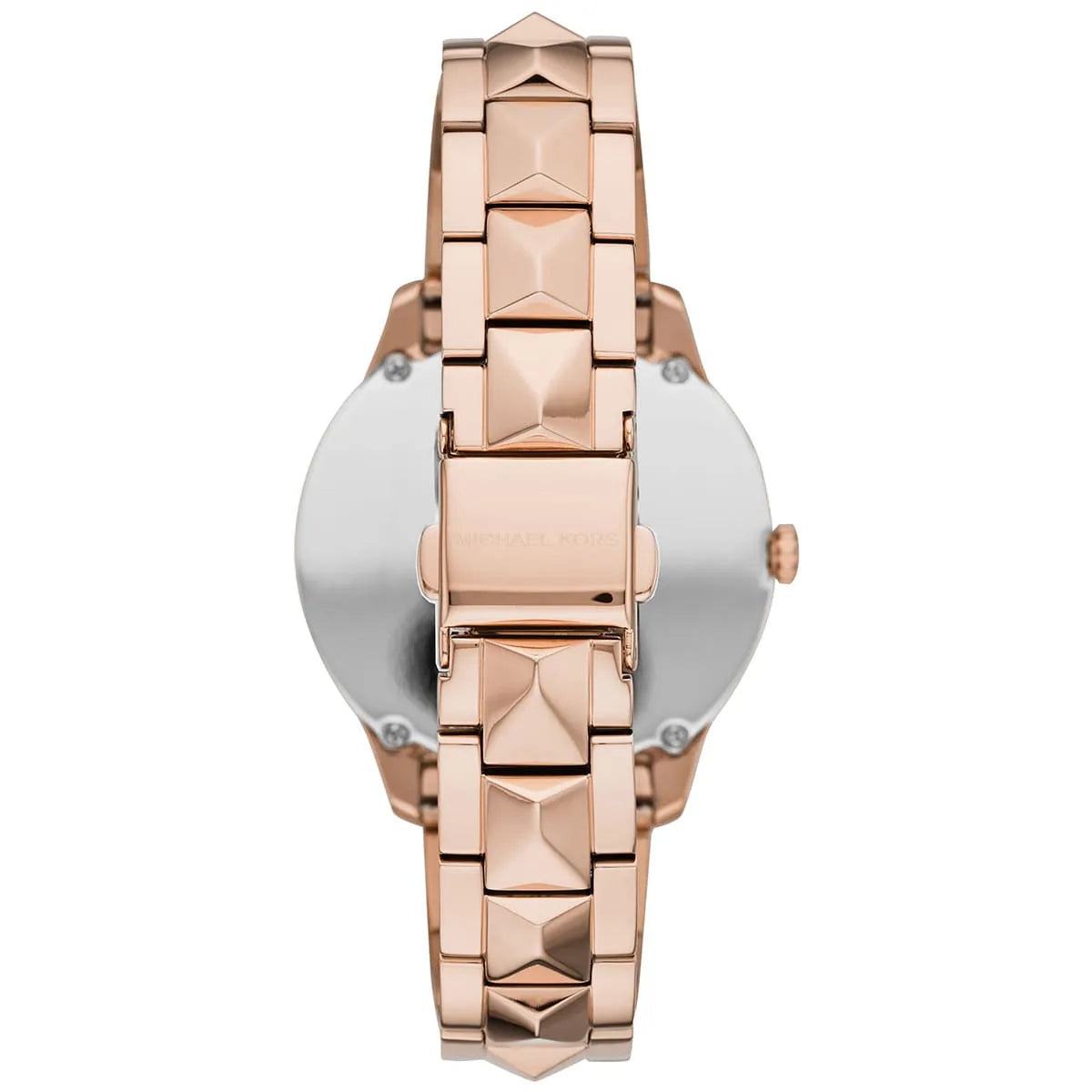 Caseback of Michael Kors Runway MK6671 showing technical specs mother of pearl dial and rose gold metal bracelet