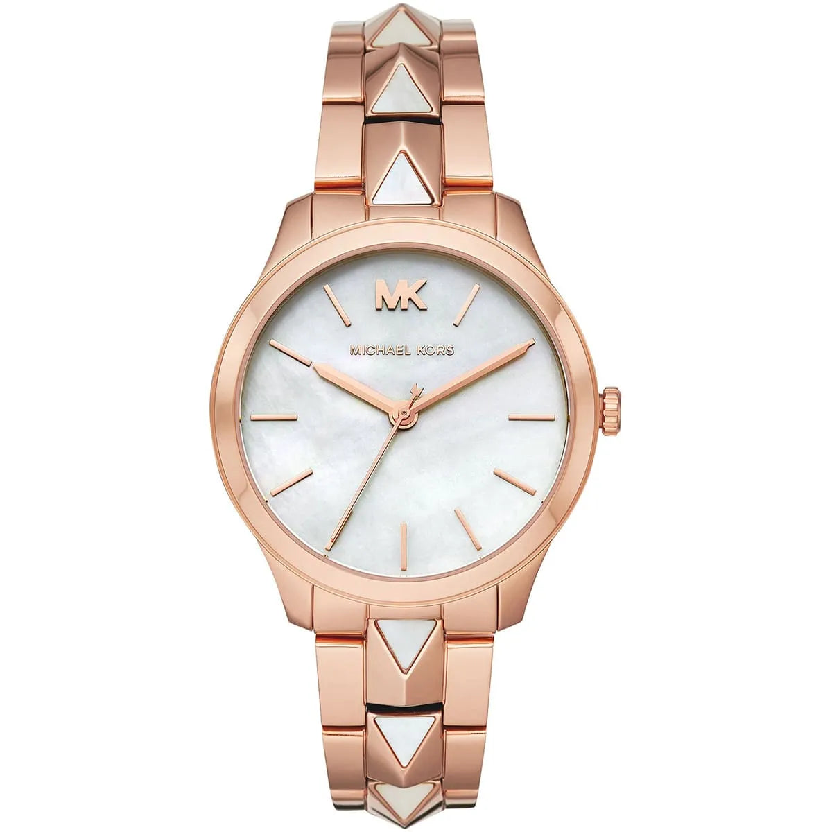 Michael Kors Runway MK6671 women's watch with white mother of pearl dial, rose gold-tone case, and rose gold stainless steel pyramid link bracelet main view