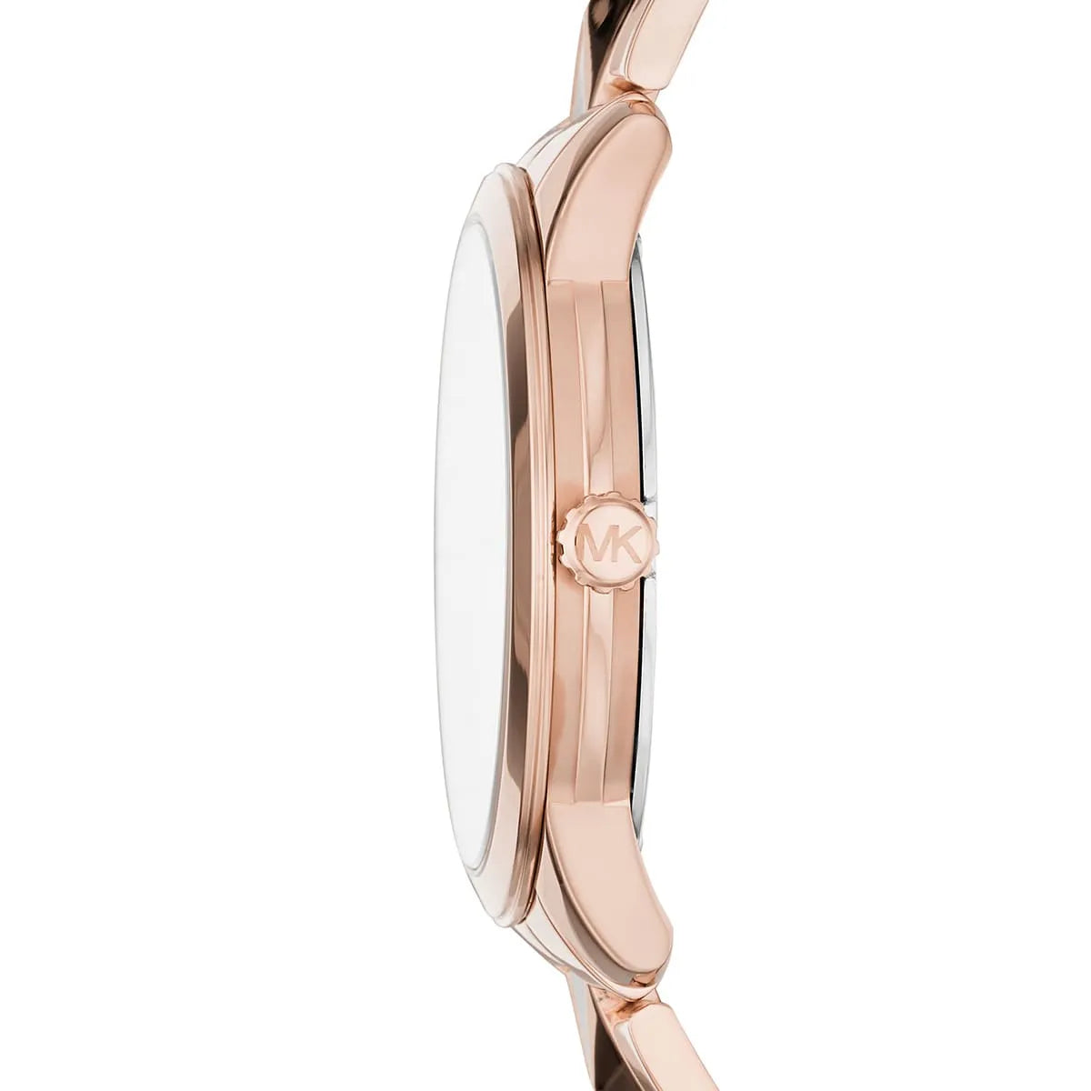 Side profile of Michael Kors Runway MK6671 showing 8mm thickness and rose gold finish with 50m water resistance