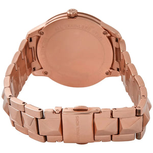 Caseback of Michael Kors Runway MK6671 showing technical specs mother of pearl dial and rose gold metal bracelet