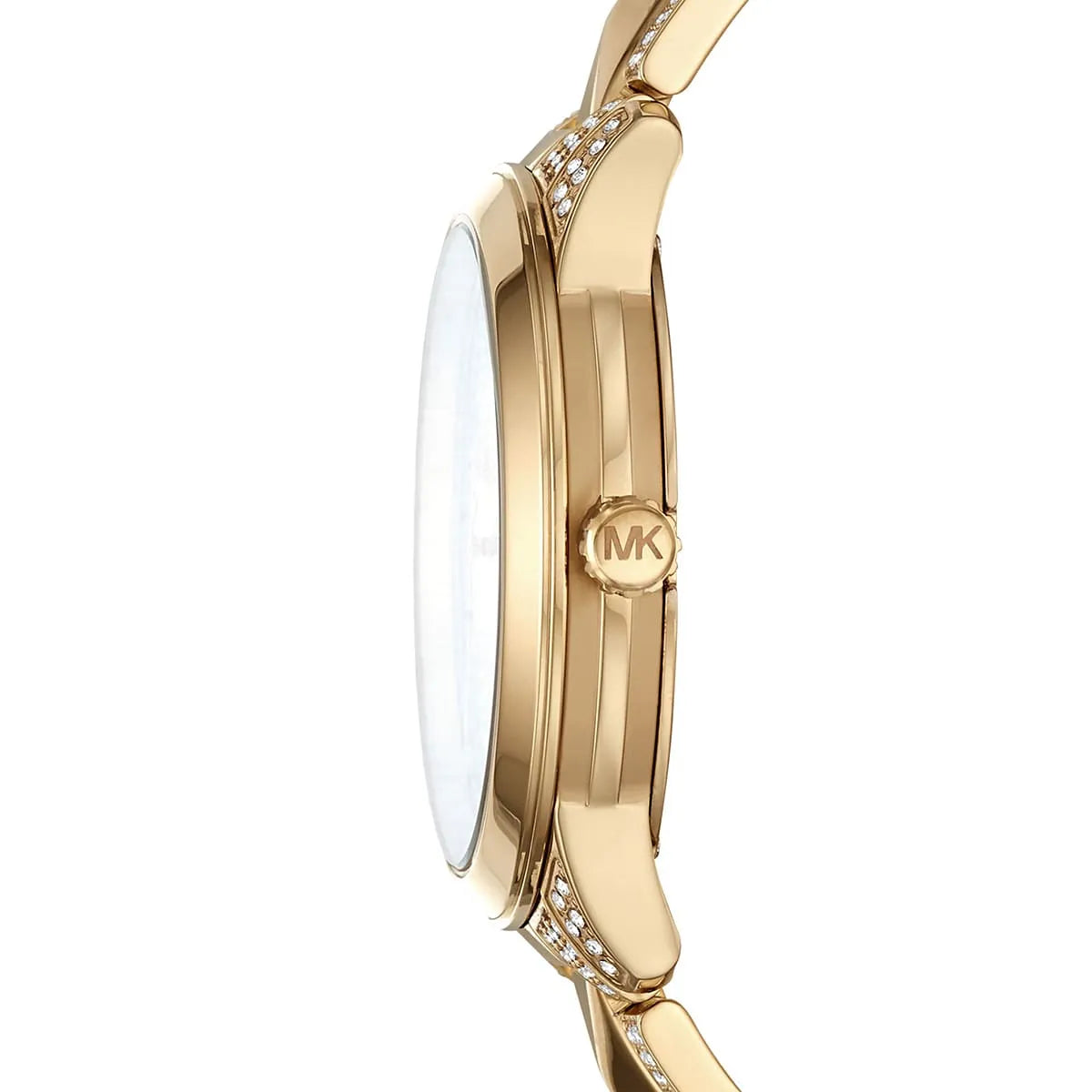 Detailed view of gold-tone crown on Michael Kors Runway Mercer MK6715 with pavé dial and encrusted metal bracelet