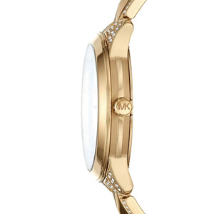 Detailed view of gold-tone crown on Michael Kors Runway Mercer MK6715 with pavé dial and encrusted metal bracelet