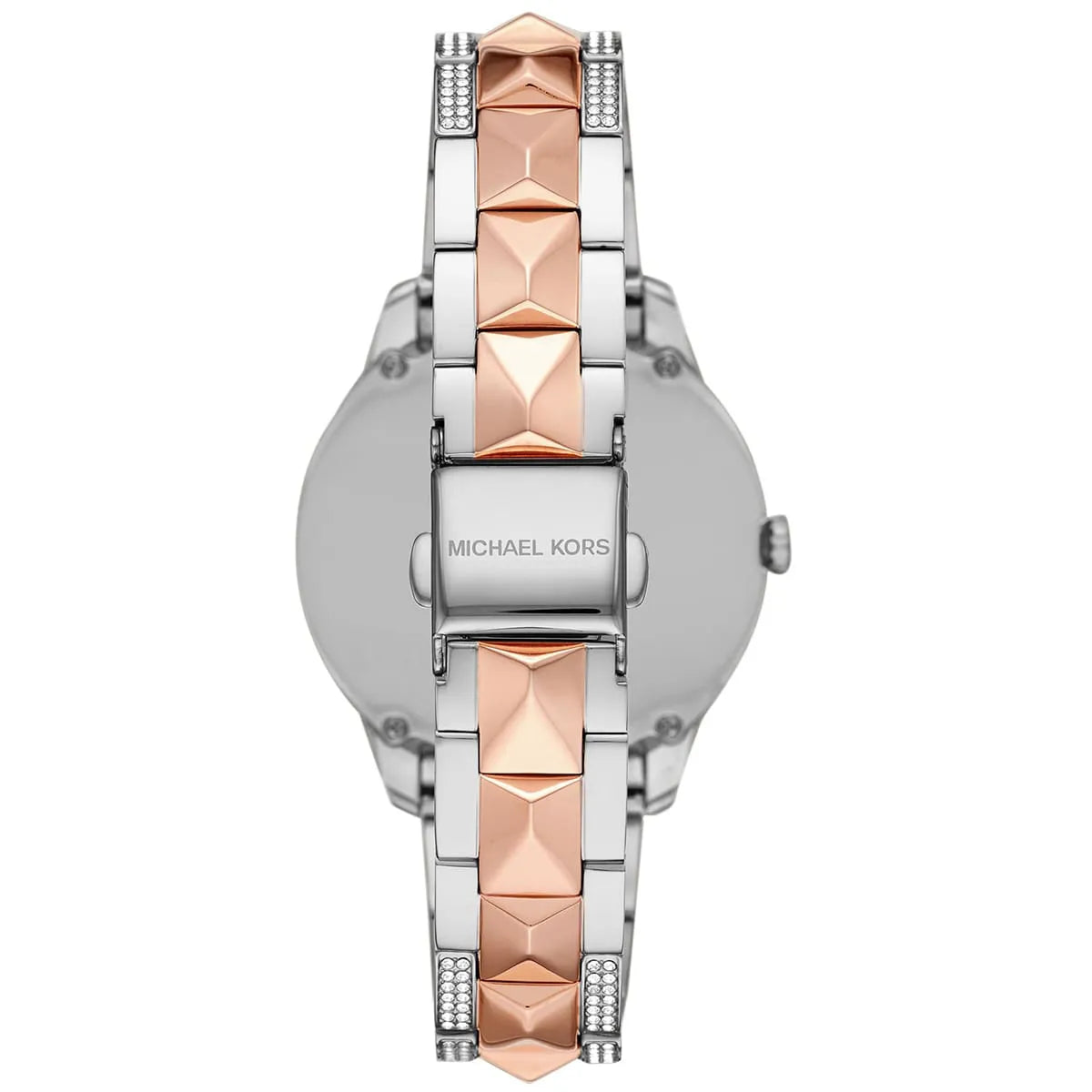 Caseback of Michael Kors Runway Mercer MK6716 women's quartz battery watch showing technical specs pavé dial and two-tone metal bracelet