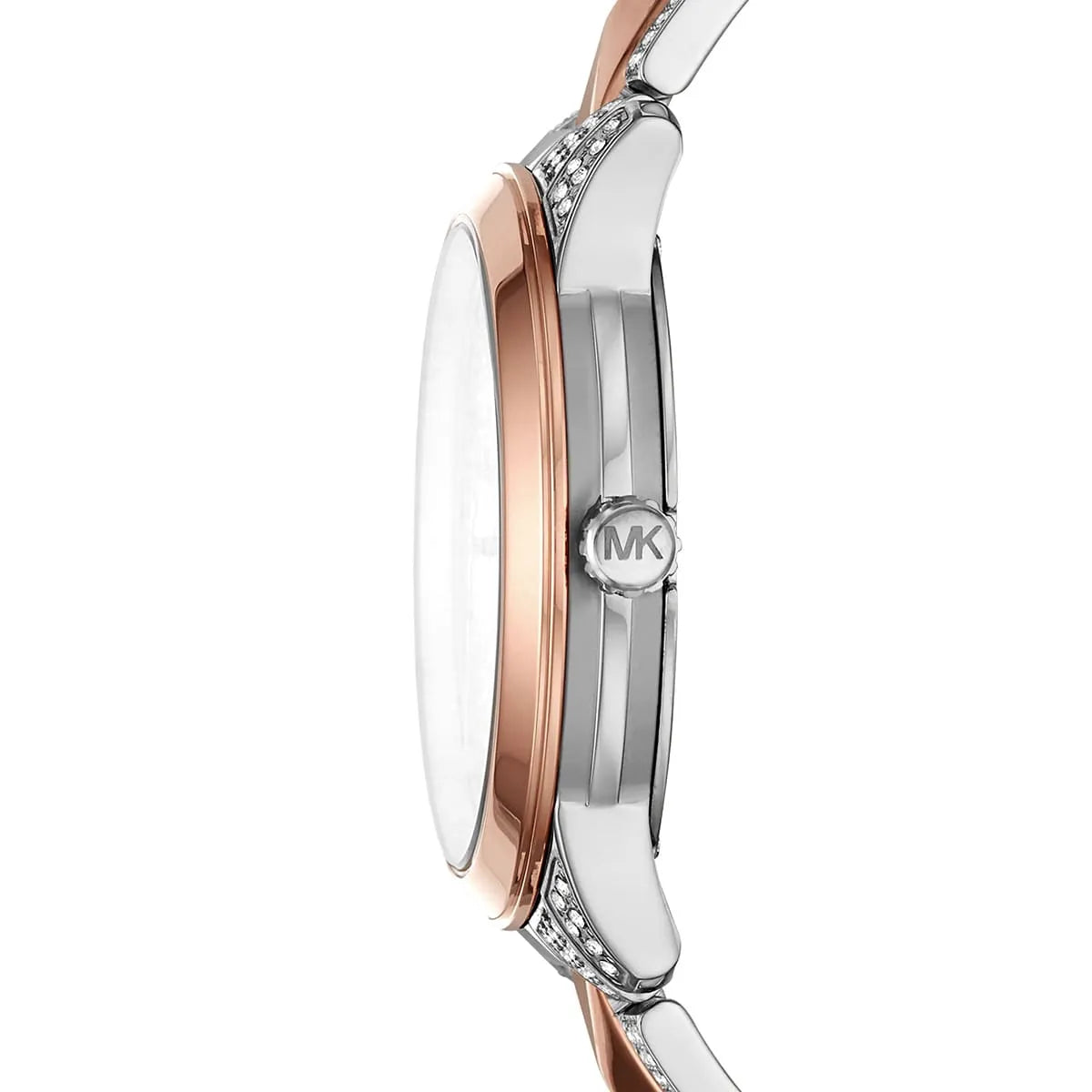Detailed view of silver-tone crown on Michael Kors Runway Mercer MK6716 women's quartz battery watch with pavé dial and two-tone bracelet