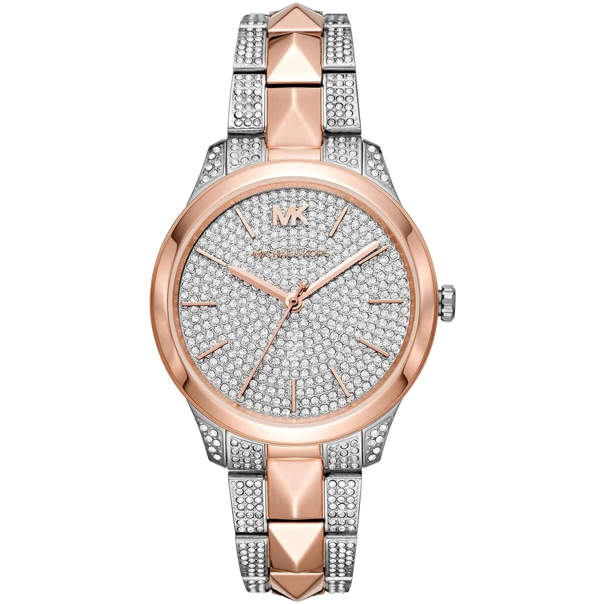Michael Kors Runway Mercer MK6716 women's quartz battery watch with full pavé crystal dial, two-tone silver and rose gold case, two-tone crystal-set bracelet main view