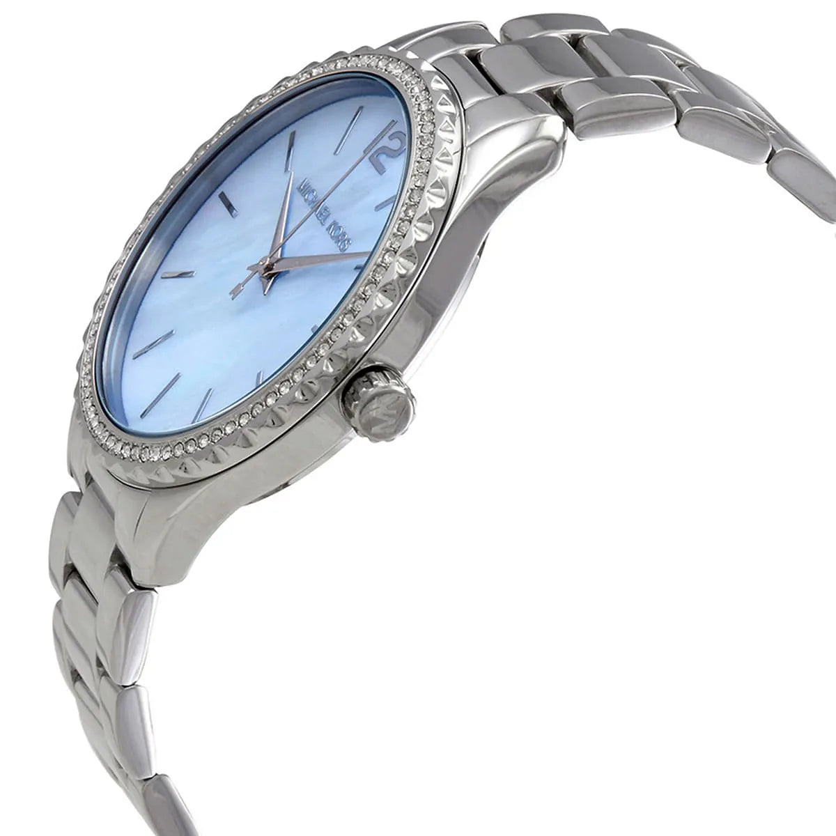 Angled real-life photo of Michael Kors MK6847 showing the polished silver case and crystal detail