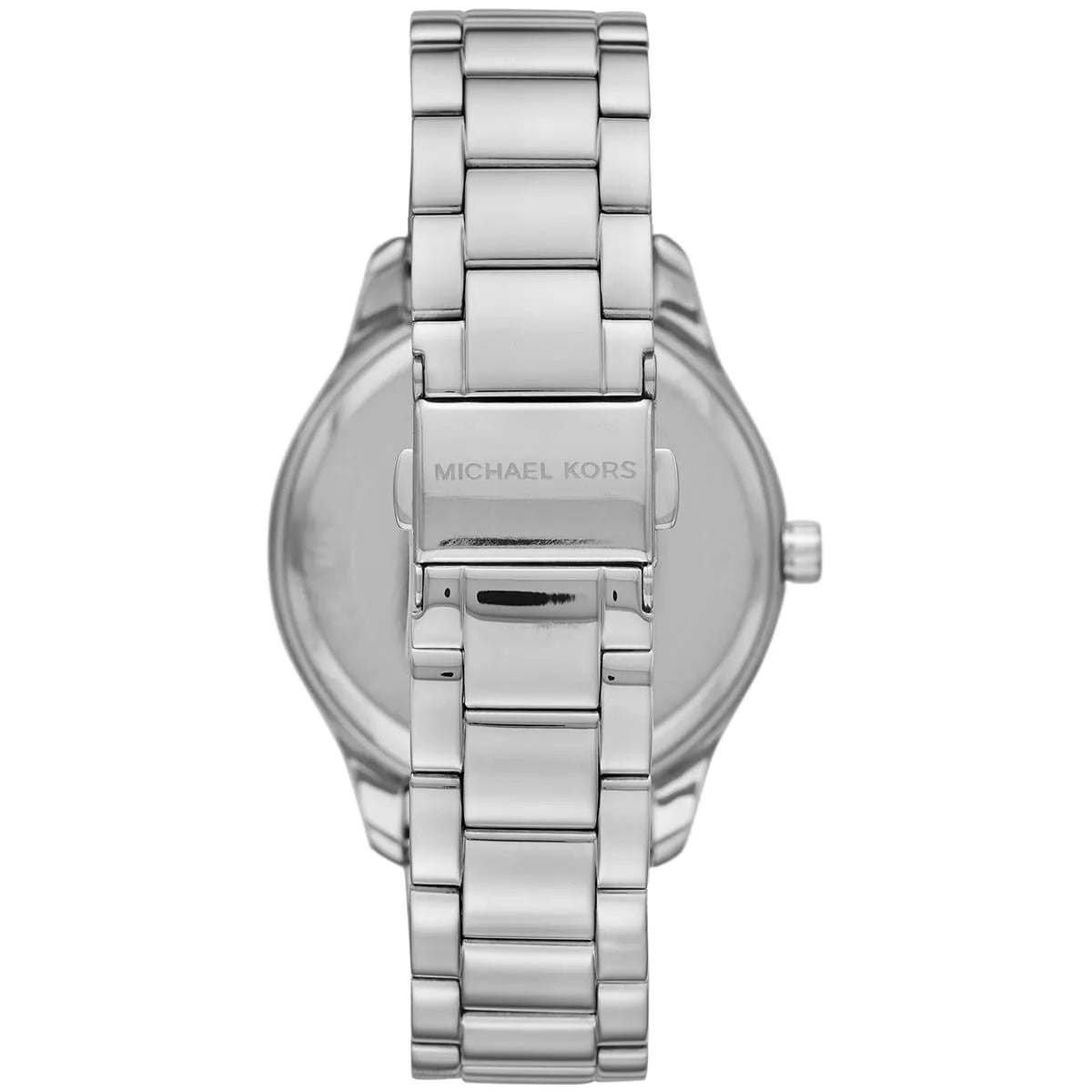 Photo of the silver-tone stainless steel deployment buckle on the Michael Kors MK6847