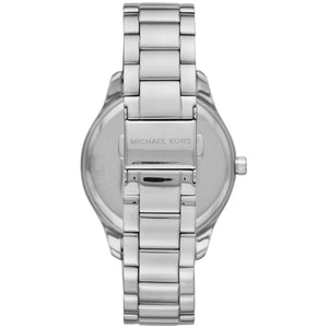 Photo of the silver-tone stainless steel deployment buckle on the Michael Kors MK6847