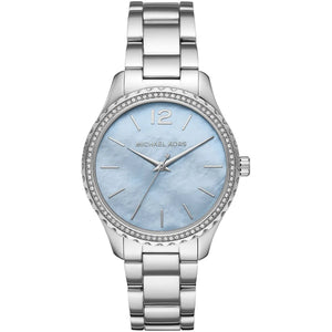 Authentic real-life photo of Michael Kors MK6847 showing actual silver finish and crystal bezel