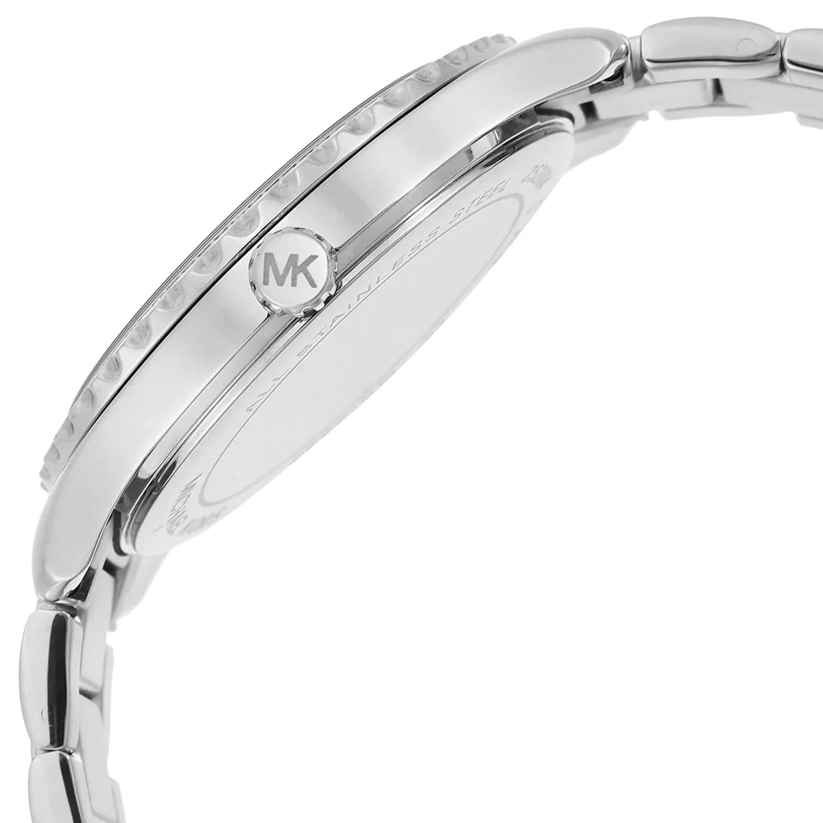 Detail photo of the silver-tone crown on the Michael Kors MK6847 women's watch
